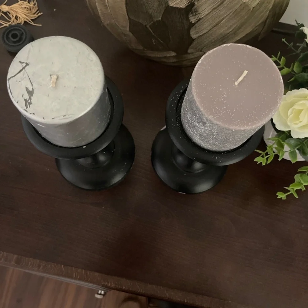 Elegant Black Candle Holders with Silver Candles 4 pcs